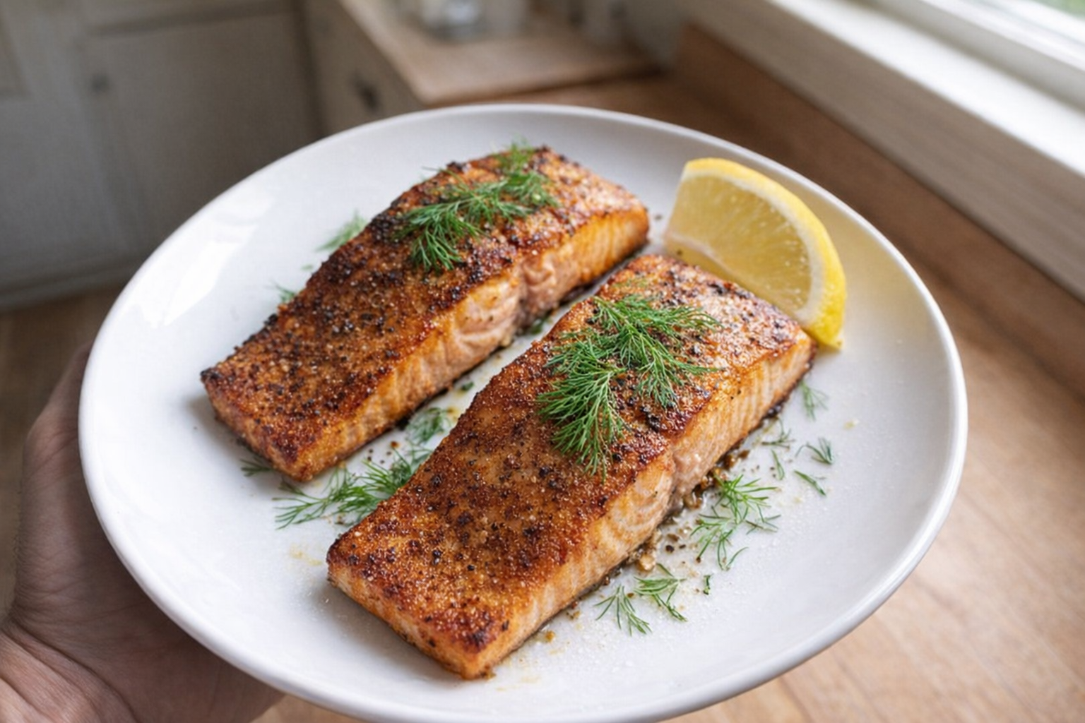 An overhead shot of two air-fried salmon fillets on a white plate, garnished with fresh dill and a lemon wedge, bright natural lighting